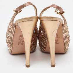 Gina Rose Gold Satin Crystal Embellished Platform Peep Toe Slingback Sandals Size 36