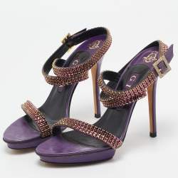 Pre Owned Gina Purple Leather Crystal Embellished Ankle Strap Sandals Size 38