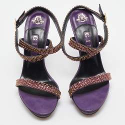 Pre Owned Gina Purple Leather Crystal Embellished Ankle Strap Sandals Size 38