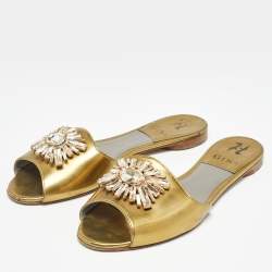 Gina Gold Leather Crystal Embellished Flat Slides Size 39