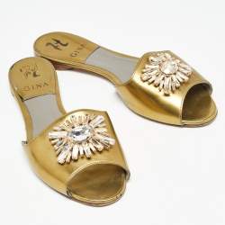 Gina Gold Leather Crystal Embellished Flat Slides Size 39