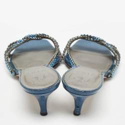 Pre Owned Gina Blue Crystal Embellished Leather Slide Sandals Size 40.5