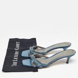 Pre Owned Gina Blue Crystal Embellished Leather Slide Sandals Size 40.5