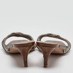 مملوكة مسبقًا Gina Brown Croc Embossed Patent Leather Slide Sandals Size 40.5