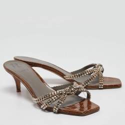 مملوكة مسبقًا Gina Brown Croc Embossed Patent Leather Slide Sandals Size 40.5