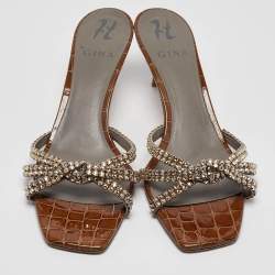 مملوكة مسبقًا Gina Brown Croc Embossed Patent Leather Slide Sandals Size 40.5
