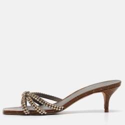 مملوكة مسبقًا Gina Brown Croc Embossed Patent Leather Slide Sandals Size 40.5