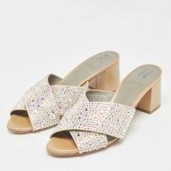 Gina Beige Crystal Embellished Satin Slide Sandals Size 39.5