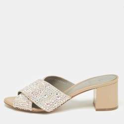 Gina Beige Crystal Embellished Satin Slide Sandals Size 39.5