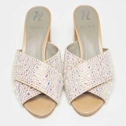 Gina Beige Crystal Embellished Satin Slide Sandals Size 39.5