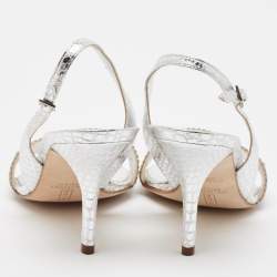 Pre Owned Gina Silver Python Embossed Leather Slingback Sandals Size 39