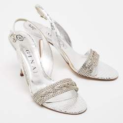 Pre Owned Gina Silver Python Embossed Leather Slingback Sandals Size 39
