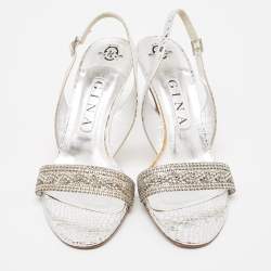 Pre Owned Gina Silver Python Embossed Leather Slingback Sandals Size 39