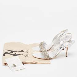 Pre Owned Gina Silver Python Embossed Leather Slingback Sandals Size 39