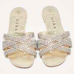 Gina Metallic Crystal Embellished Leather Thong Flats Size 38.5