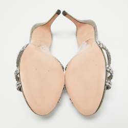 Pre Owned Gina Grey Croc Embossed Patent Leather Crystal Embellished Side Sandals Size 39.5