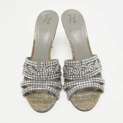 Pre Owned Gina Grey Croc Embossed Patent Leather Crystal Embellished Side Sandals Size 39.5