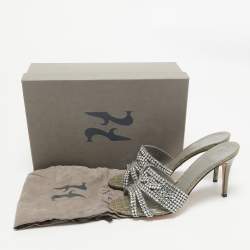 Pre Owned Gina Grey Croc Embossed Patent Leather Crystal Embellished Side Sandals Size 39.5