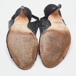 Pre Owned Gina Black Satin Crystal Embellished Peep Toe Pumps Size 37.5