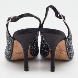 Pre Owned Gina Black Satin Crystal Embellished Peep Toe Pumps Size 37.5