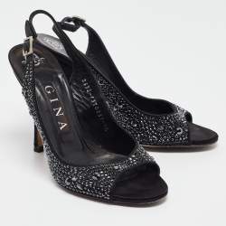 Pre Owned Gina Black Satin Crystal Embellished Peep Toe Pumps Size 37.5