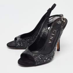Pre Owned Gina Black Satin Crystal Embellished Peep Toe Pumps Size 37.5