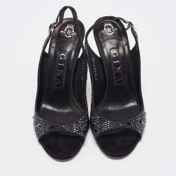 Pre Owned Gina Black Satin Crystal Embellished Peep Toe Pumps Size 37.5