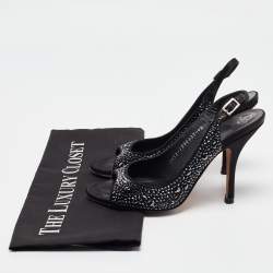 Pre Owned Gina Black Satin Crystal Embellished Peep Toe Pumps Size 37.5