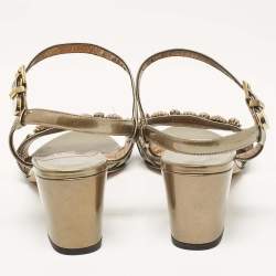 Pre Owned Gina Brown Patent Leather Crystal Embellished Ankle Strap Sandals Size 38.5