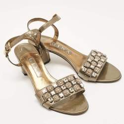 Pre Owned Gina Brown Patent Leather Crystal Embellished Ankle Strap Sandals Size 38.5