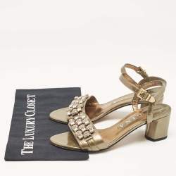 Pre Owned Gina Brown Patent Leather Crystal Embellished Ankle Strap Sandals Size 38.5
