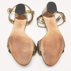 Pre Owned Gina Brown Patent Leather Crystal Embellished Ankle Strap Sandals Size 38.5