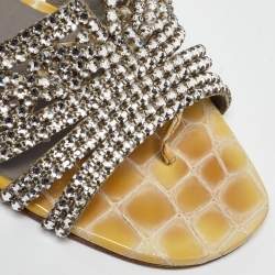 Pre Owned Gina Yellow/Grey Croc Embossed Crystal Embellished Leather Flat Slides Size 38