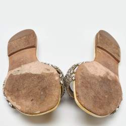 Pre Owned Gina Yellow/Grey Croc Embossed Crystal Embellished Leather Flat Slides Size 38