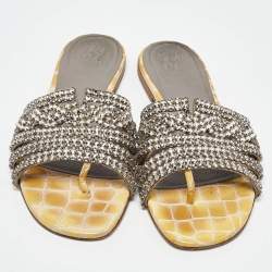 Pre Owned Gina Yellow/Grey Croc Embossed Crystal Embellished Leather Flat Slides Size 38