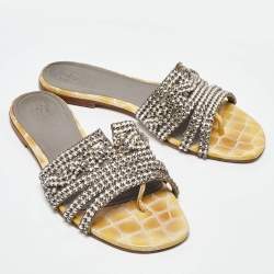 Pre Owned Gina Yellow/Grey Croc Embossed Crystal Embellished Leather Flat Slides Size 38