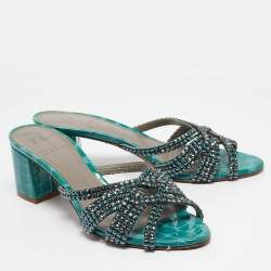 Gina Green Croc Patent Embossed Dexie Slide Sandals Size 38