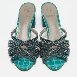 Gina Green Croc Patent Embossed Dexie Slide Sandals Size 38
