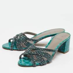 Gina Green Croc Patent Embossed Dexie Slide Sandals Size 38
