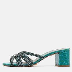 Gina Green Croc Patent Embossed Dexie Slide Sandals Size 38