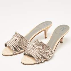 Pre Owned Gina Orange Croc Embossed Patent and Leather Crystal Embellished Slide Sandals Size 36.5