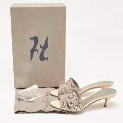 Pre Owned Gina Orange Croc Embossed Patent and Leather Crystal Embellished Slide Sandals Size 36.5