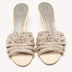 Pre Owned Gina Orange Croc Embossed Patent and Leather Crystal Embellished Slide Sandals Size 36.5