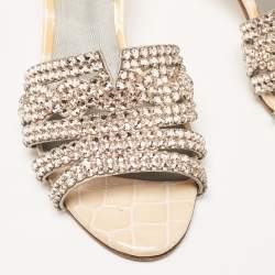 Pre Owned Gina Orange Croc Embossed Patent and Leather Crystal Embellished Slide Sandals Size 36.5