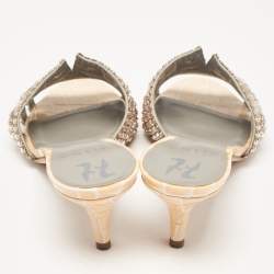 Pre Owned Gina Orange Croc Embossed Patent and Leather Crystal Embellished Slide Sandals Size 36.5