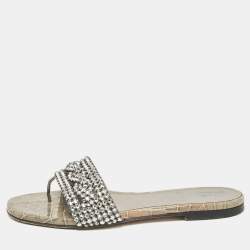 Pre Owned Gina Grey Croc Embossed Patent and Leather Crystal Embellished Flat Slides Size 36