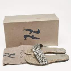 Pre Owned Gina Grey Croc Embossed Patent and Leather Crystal Embellished Flat Slides Size 36