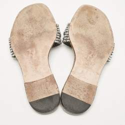 Pre Owned Gina Grey Croc Embossed Patent and Leather Crystal Embellished Flat Slides Size 36