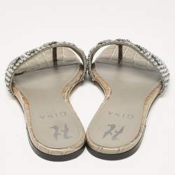 Pre Owned Gina Grey Croc Embossed Patent and Leather Crystal Embellished Flat Slides Size 36