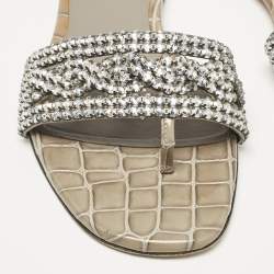 Pre Owned Gina Grey Croc Embossed Patent and Leather Crystal Embellished Flat Slides Size 36